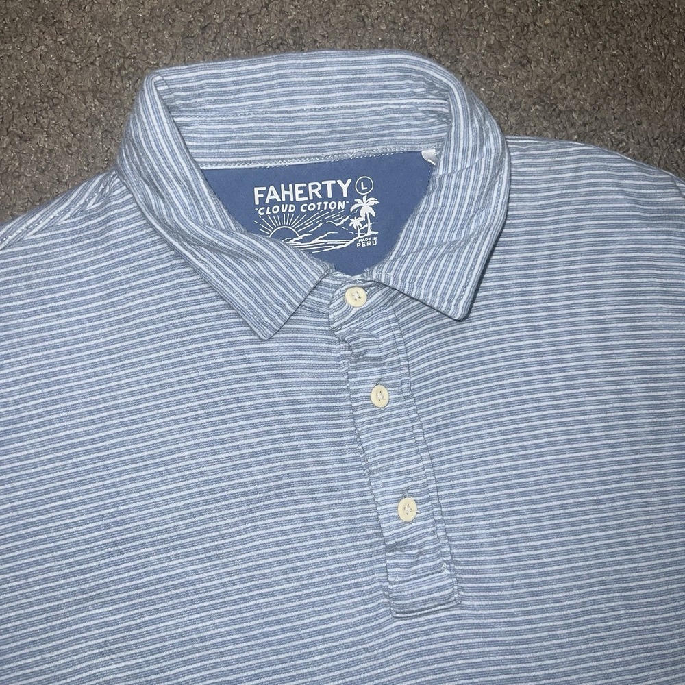 Faherty Cloud Cotton Polo Mens Large Light Blue Short Sleeve Heathered Shirt